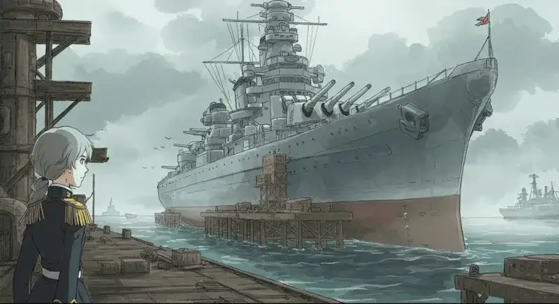 建造中の艦船とをれを見つめる女性提督