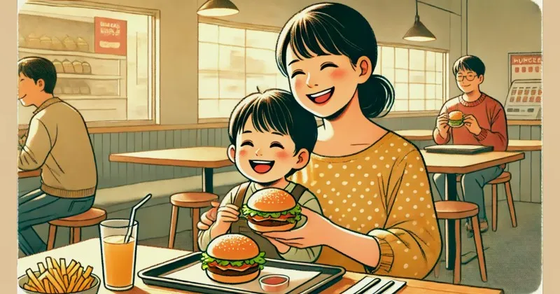 イメージ画像： 「ハンバーガーをおいしそうに食べている女性と小さい子供」