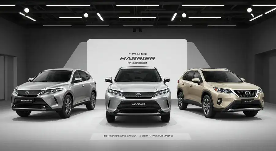 3台のSUV（トヨタハリアー、RAV4、エクストレイル）をショールームで比較しているイラスト