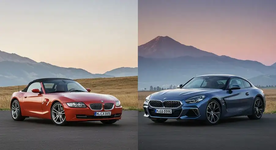 クラシックなモデルと現代的なモデルのBMW Z4が並んで停車している風景画像