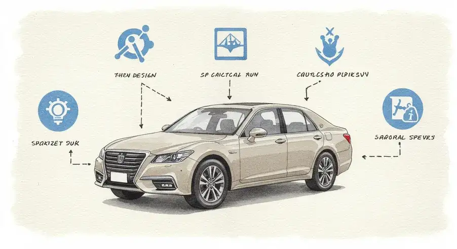 クラウンの長所と短所を車の周囲に表示して要約する描写