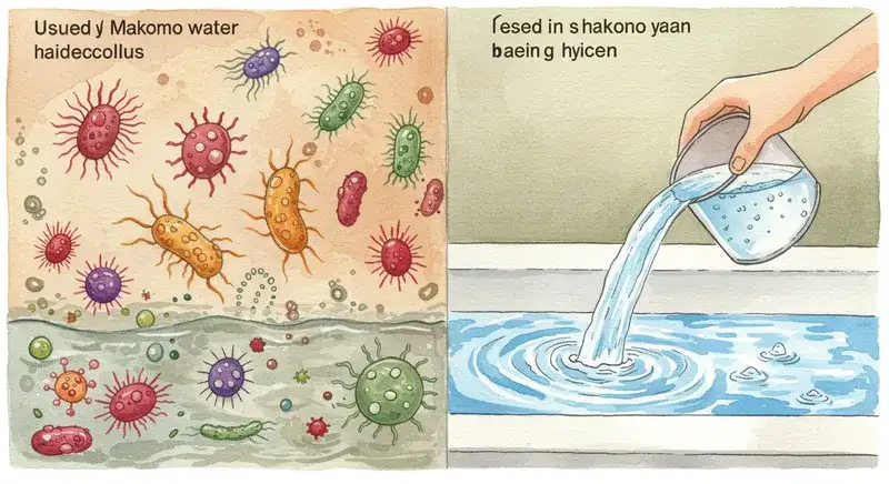 マコモ湯の衛生管理と雑菌リスクを示す水彩画