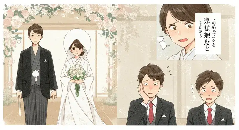 結婚式で誓いの言葉として『一生ついていく』と背景に描かれているシーン