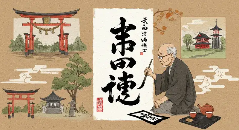 高齢の日本人書道家が筆で『ついていく』を漢字で書いている様子