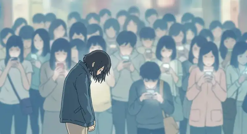 うつむく者と、無関心にスマホを見続ける群衆k