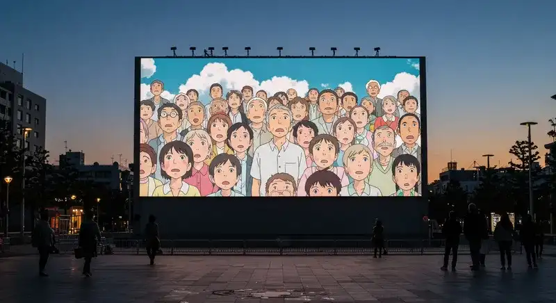 巨大スクリーンの見上げる市民たちの映像k