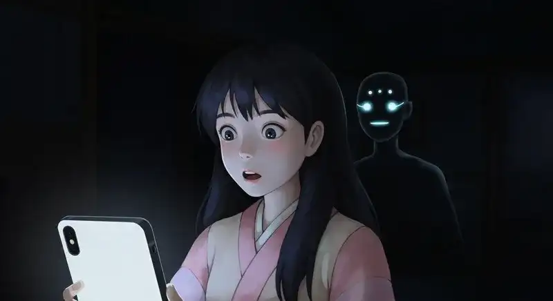 )スマホ画面を見て驚いている女性と、背後に浮かび上がる影k