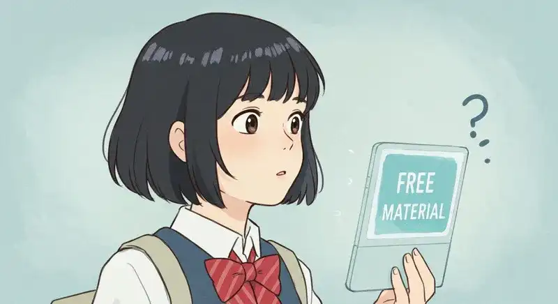フリー素材表記の画像を見て首をかしげる学生k