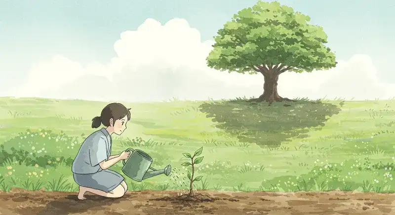 小さな苗木に水をやり育てる人物