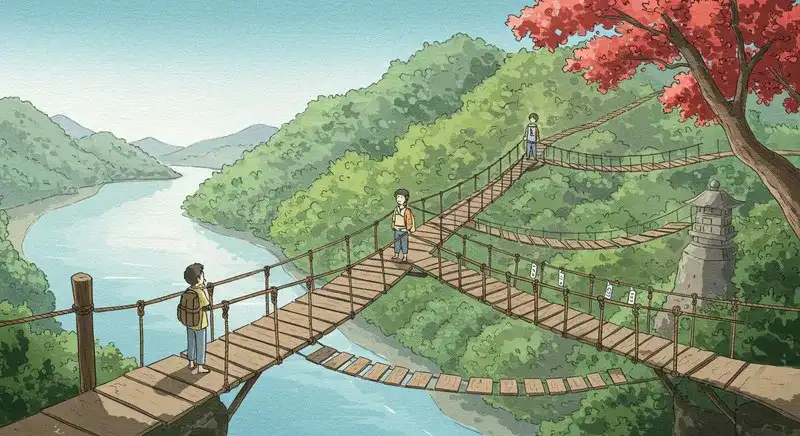 複数の橋から渡る道を選ぶ人物