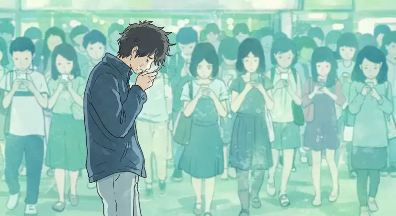 うつむく者と、無関心にスマホを見続ける群衆k