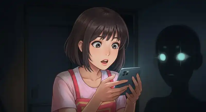 )スマホ画面を見て驚いている女性と、背後に浮かび上がる影k