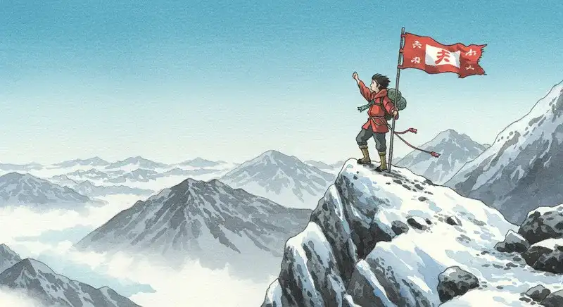 険しい山の頂上に到達した人物