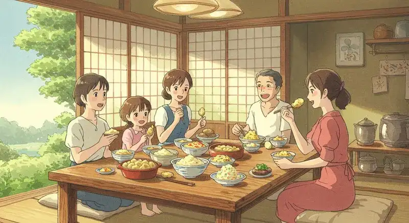 家族でじゃがいも料理を楽しむ風景