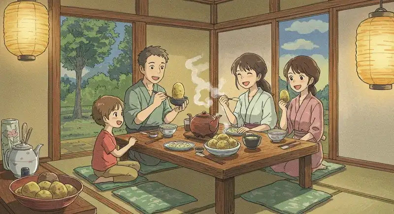 家族でじゃがいも料理を楽しむ風景