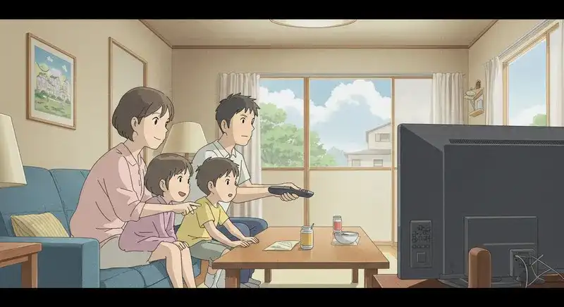 リビングでテレビを見ながらリモコンを操作する家族