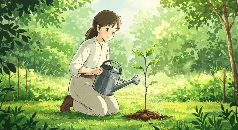 小さな苗木にじょうろで水をやる人物