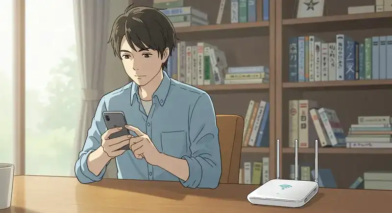 Wi-Fiルーターの近くでスマホを確認する男性