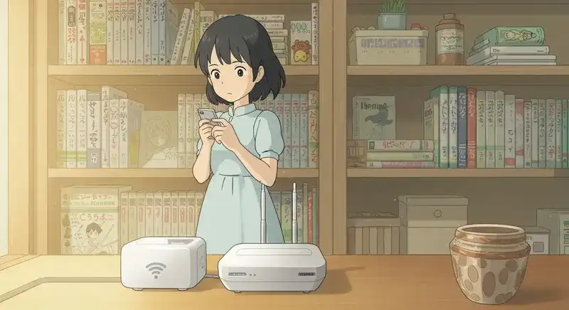 -Wi-Fiルーターの近くでスマホを確認する女性