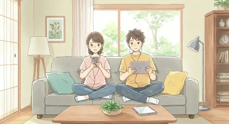 -笑顔で音楽やビデオを楽しんでいる若い男女