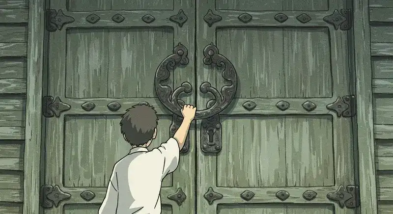 大きな木の扉を開けようとしている人物