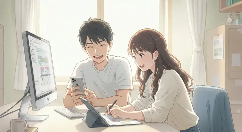 スマホ・PC・タブレットを操作して問題が解決した明るいシーン