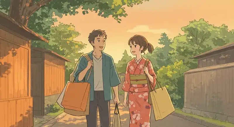 買い物袋を持って帰る男女