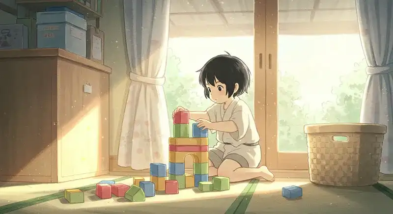子供が楽しそうに積み木を積み上げる様子