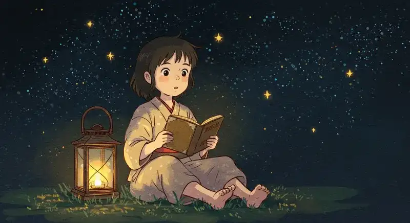 ランタンの灯りで古い本を読む人物